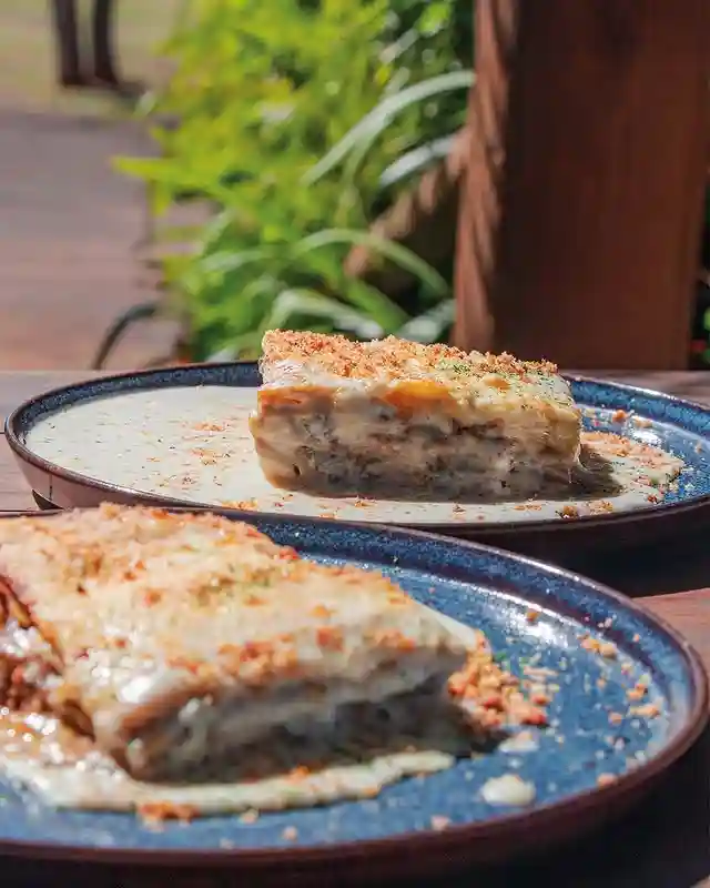 Lasanha de carne ao funghi com molho branco e sugo — Vila Itália Piracicaba